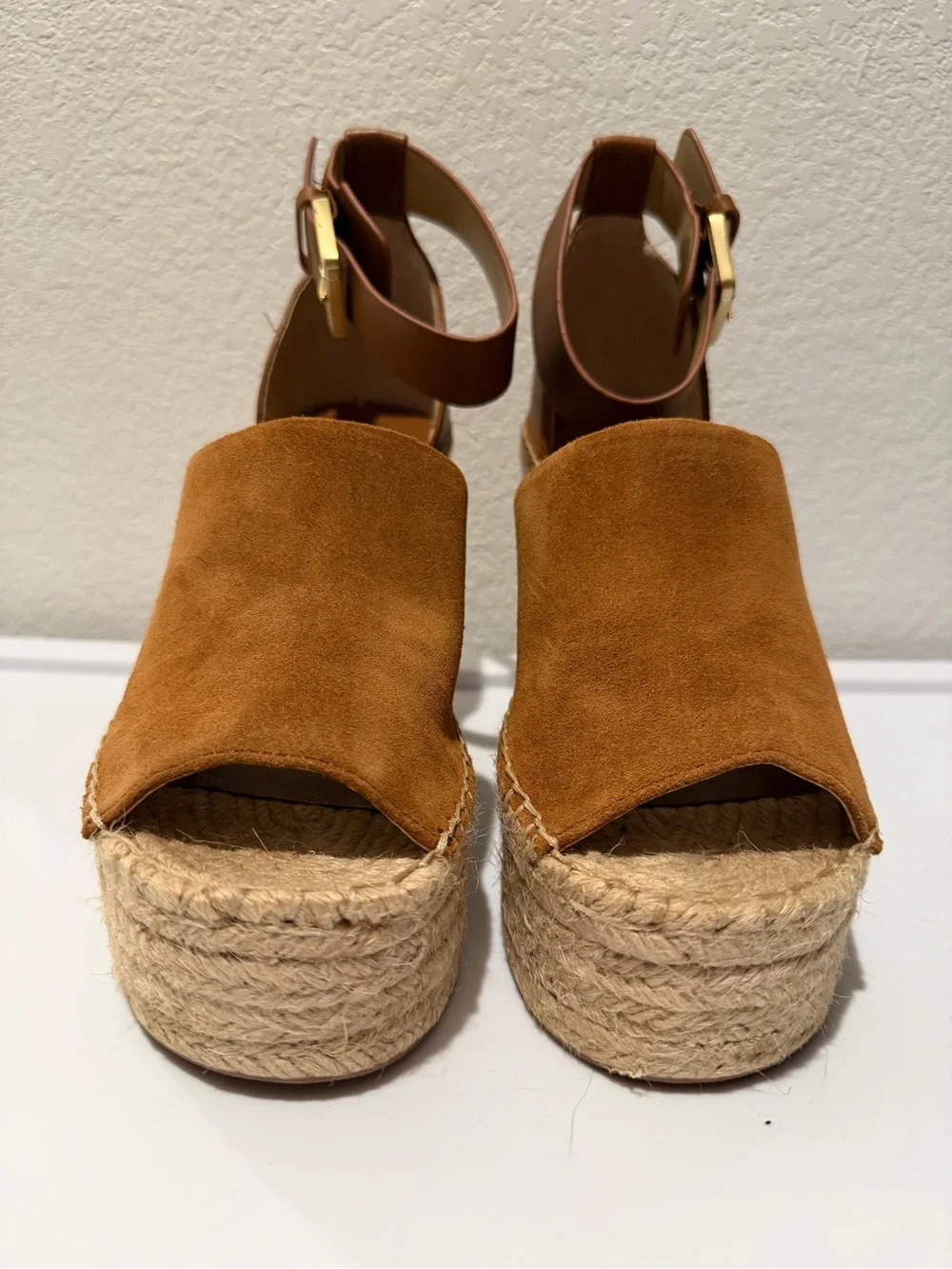 Marc Fisher Tan Suede Espadrille Wedge Adalyn Sandals with Ankle Strap